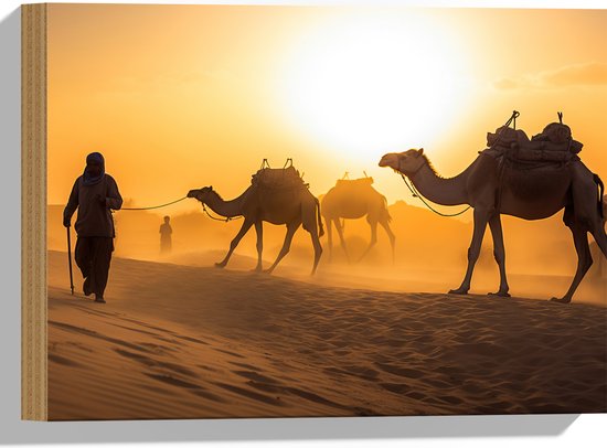 Hout - Kamelen in de Woestijn - 40x30 cm - 9 mm dik - Foto op Hout (Met Ophangsysteem)