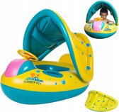 Playos® - Zwemband - Bootje - Stuur en Claxon - met Zonnescherm - met Zitje - Handvatten - Rugleuning - Geel/Blauw - Peuter en Baby - Zwemring - Babyzwemband - Babyfloat - Zwemtrainer - Opblaasbaar - Zwemstoel - Opblaasbare Rubberboot - Rubber Bootje