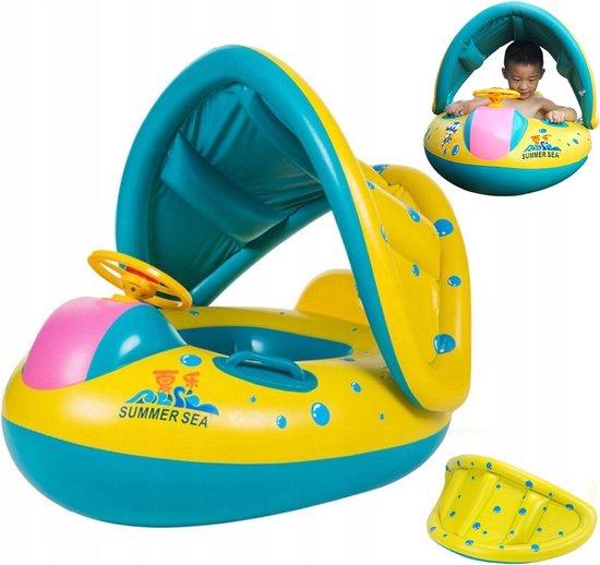 Playos® - Zwemband - Bootje - Stuur en Claxon - met Zonnescherm - met Zitje - Handvatten - Rugleuning - Geel - Peuter en Baby - Zwemring - Babyzwemband - Babyfloat - Zwemtrainer - Opblaasbaar - Zwemstoel - Opblaasbare Rubberboot - Rubber Bootje
