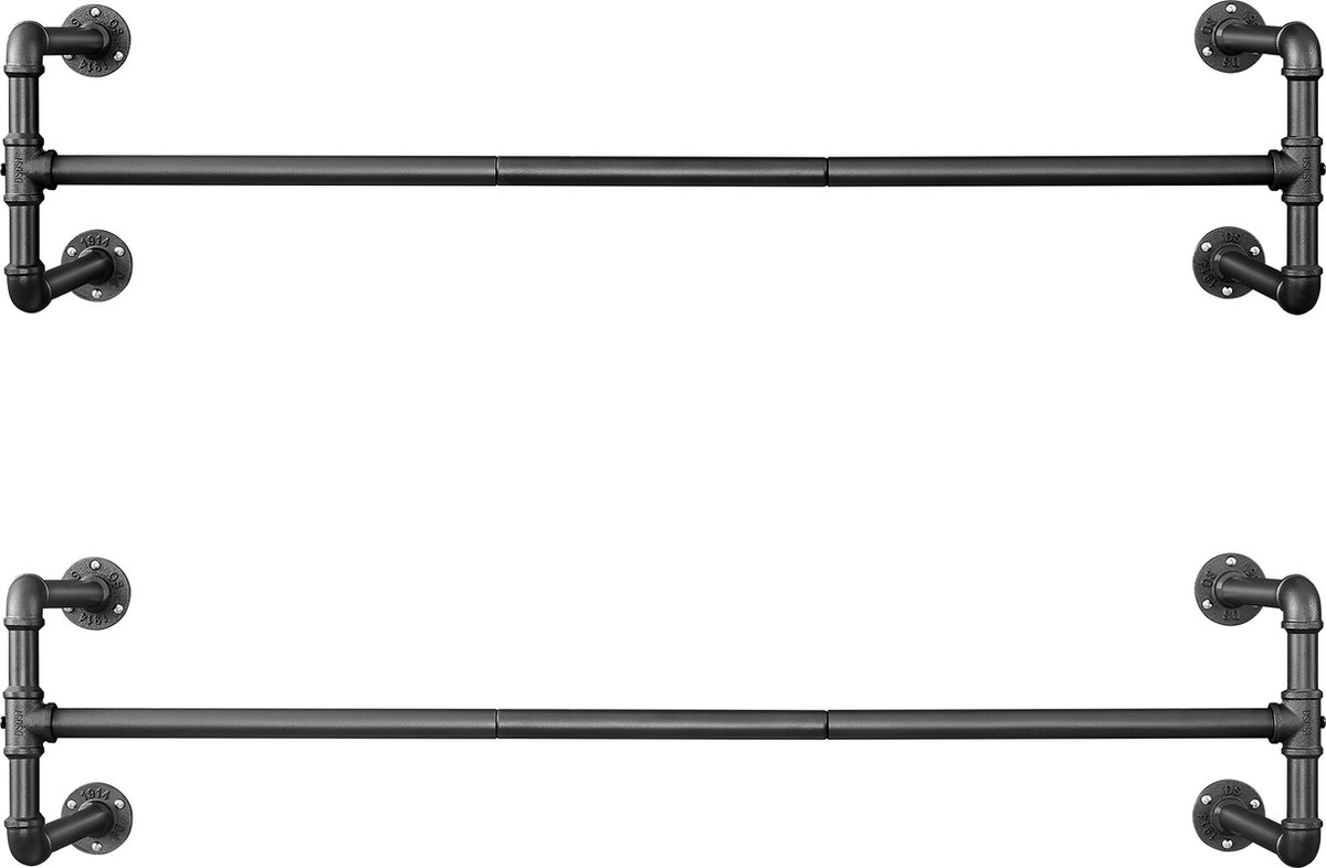 2 Kleding Stangen - Set van 2 Ophang Rails - Kledingrek in Industriële Stijl voor Wandmontage - Hangende Buizen - Waterleiding Design - 110cm Lang - Zwart