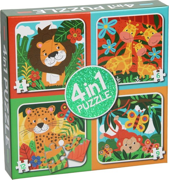 Puzzel - 4 in 1 puzzel - Jungle dieren - Leeuw - Tijger - Aap - Giraffe -  Puzzle -... | bol.com