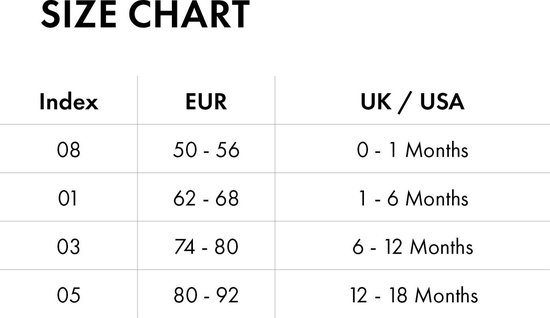 Maattabel voor kindermaillots: EUR 50-56 (0-1m), 62-68 (1-6m), 74-80 (6-12m), 80-92 (12-18m).