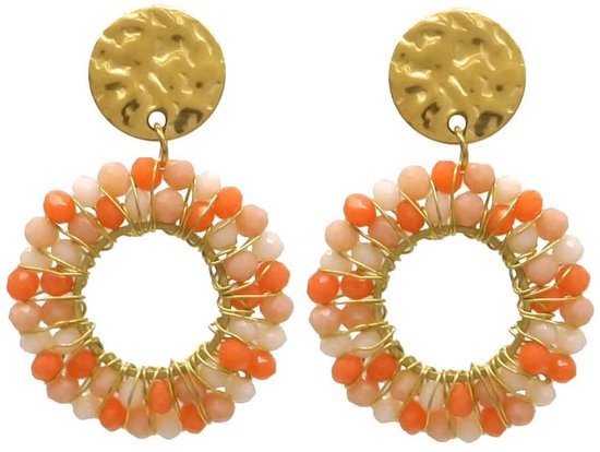 Boucles d'oreilles avec perles de verre - Boucles d'oreilles pendantes - Acier inoxydable - 3,5x2,5 cm - Oranje