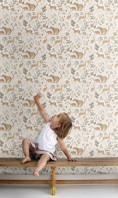 ESTAhome papier peint forêt avec animaux de la forêt blanc cassé et beige - 139525 - 53 cm x 10,05 m