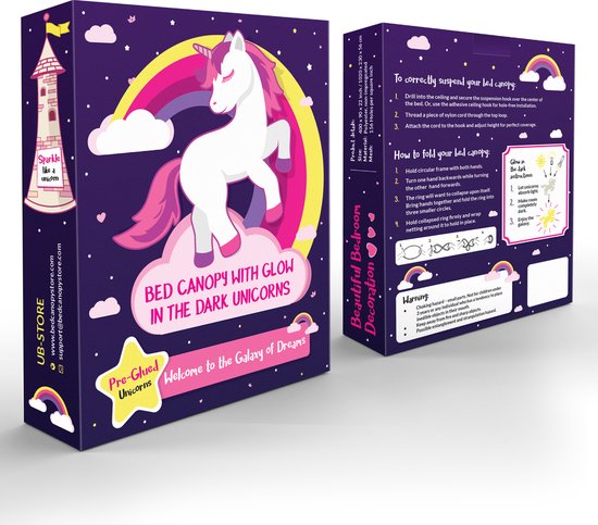 Paarse Klamboe met Glow in the Dark Eenhoorns - Paars Hemelbed voor Kinderkamer of Volwassenen - Eenhoorn Sluier, Hemeltje en Bedtent - Baby Muggennet Bedhemel Decoratie — afbeelding 5