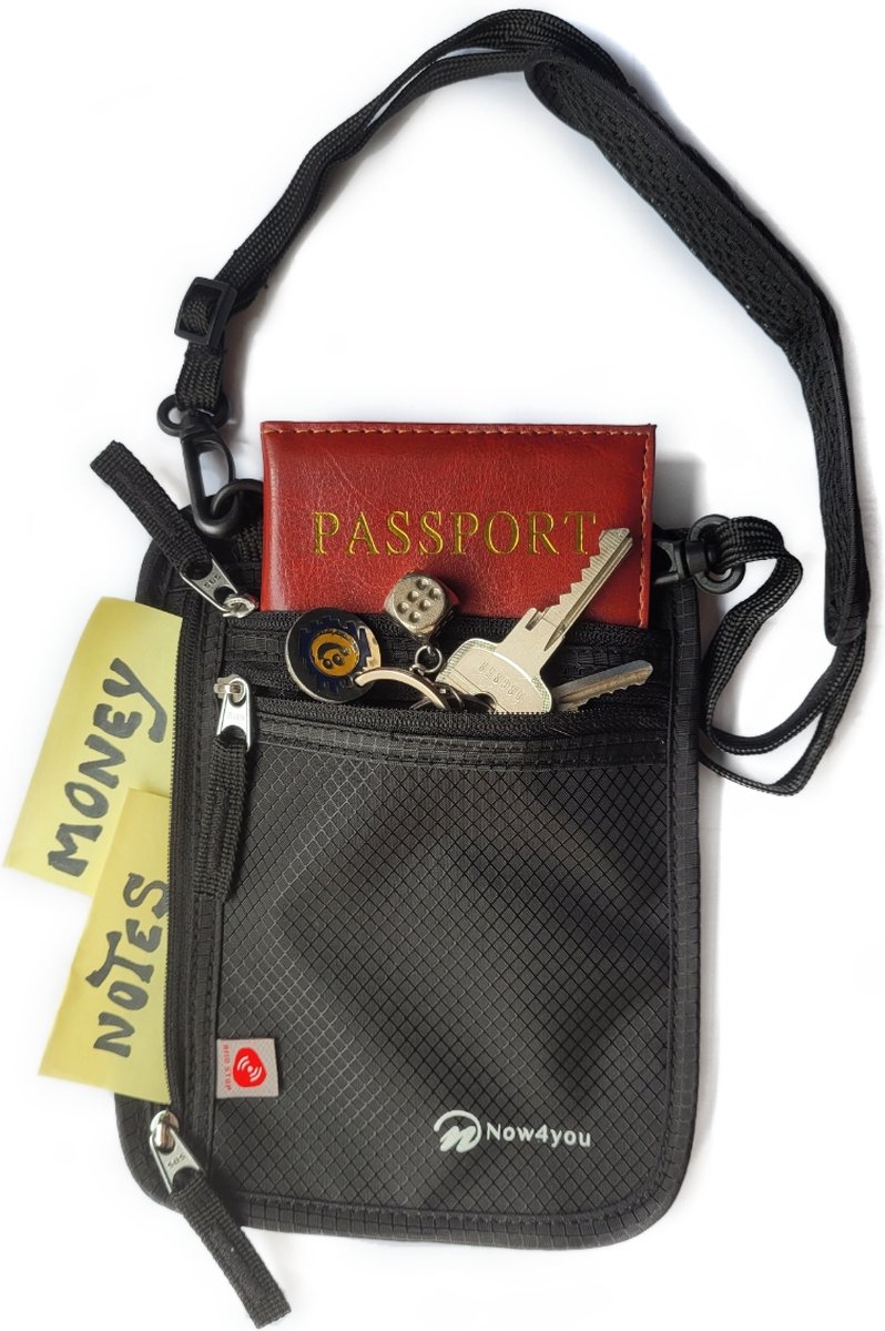 Now4You Nektasje - Paspoorthouder met RFID blokkering – Reisportemonnee Documenten tasje met nekkoord - Nektas voor op reis -Travel wallet - Veilig op reis- Paspoort Houder Voor Dames En Heren- Zwart - now4you