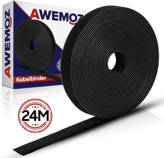 AWEMOZ Velcro Kabelbinders 24 Meter Lang - 1 CM breed - Kabelsbinders Klittenband - Zwarte Kabel Organiser - Kabel management - Cable Organizer