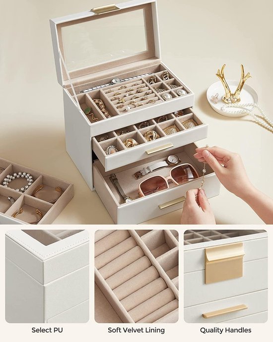 ProCase Sieradendoos, sieradenopslag, hout, sieradendoos met 5 niveaus, sieradenbox, sieradenorganizer met spiegel, laden voor ringen, oorbellen, naturel