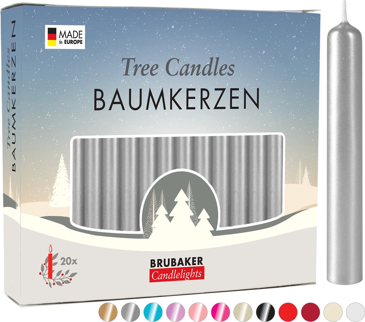 BRUBAKER 20 Stuks - Boomkaarsen - Zilver- Kerstkaarsen - Piramidekaarsen - Kerstboomkaarsen - 95/12.5 mm – Kaarsen - Kaarsjes