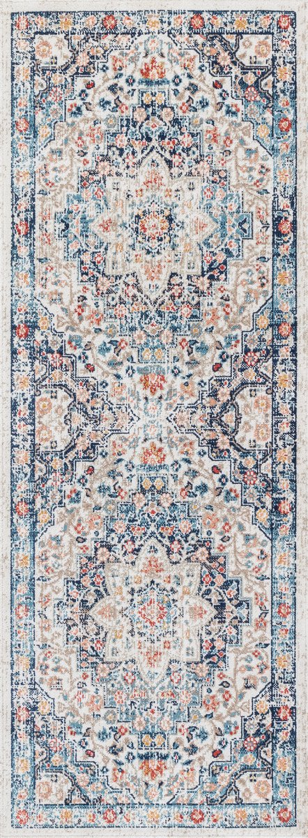 SURYA - SELMA - Stijlvol vintage tapijt - Blauw/beige - Geschikt voor buiten