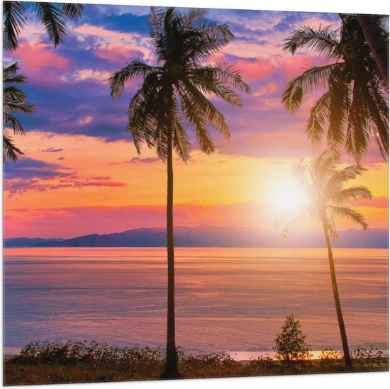 Vlag - Zonsondergang in de Zee bij Hoge Palmbomen - 100x100 cm Foto op Polyester Vlag
