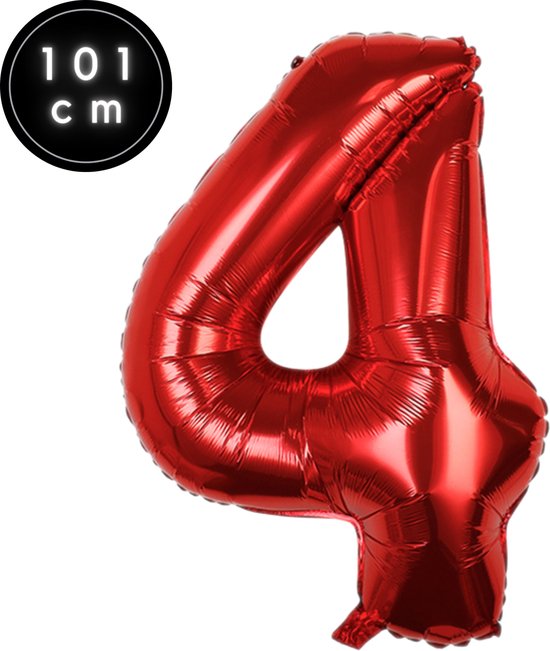 Fienosa Cijfer Ballonnen nummer 4 - Rood - 101 cm - XL Groot - Helium Ballon - Verjaardag Ballon