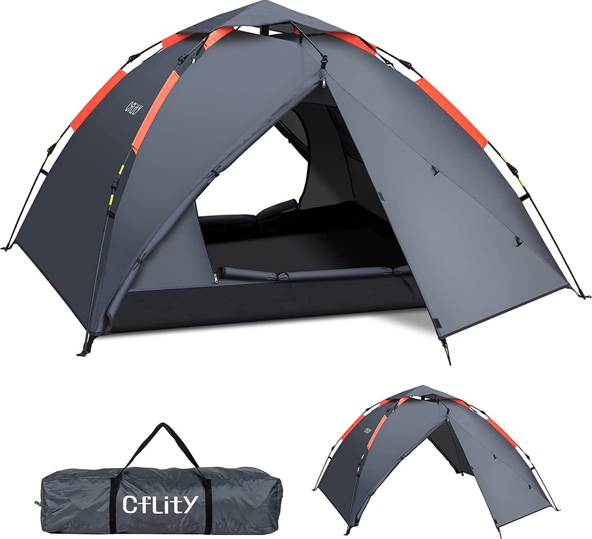 Campingtent, instant pop-uptent voor 3 personen, waterdicht, drie lagen, automatische koepeltent, grote 4-seizoenentent, backpacktent met Rain-Fly 2 uitbreidbare veranda voor kamperen