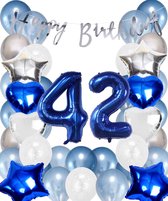 Snoes Ballonnen 42 Jaar Set Mega Blauw Zilver Ballon - Compleet Feestpakket Cijferballon 42 Jaar - Verjaardag Versiering Slinger Happy Birthday – Folieballon – Latex Ballonnen - Helium Ballonnen