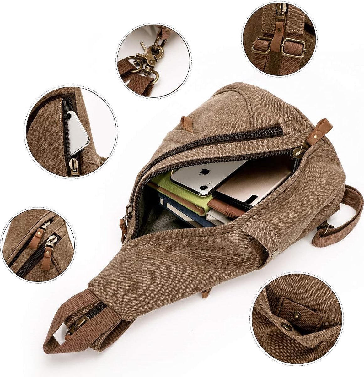 VARLIVOO Retro Heren Sling Bag Kleine Borsttas Rugzak Schoudertassen Crossbody Tas School Reizen Wandelen Kamperen Fietsen Buitensporten Canvas