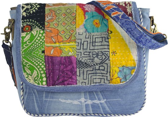 SUNSA® Upcycled duurzame schoudertas voor dames. Schoudertas gemaakt van gerecyclede jeans & sari stof (canvas). Handtas vintage retro stijl. Crossbodytas voor dames.
