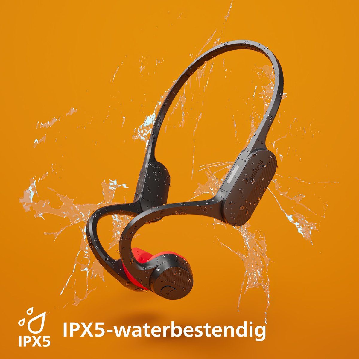 Afbeelding 2 van Philips TAA5608 GO Series - Draadloze Open-ear Sportkoptelefoon - Bone Conduction - IP66 - Zwart/Rood