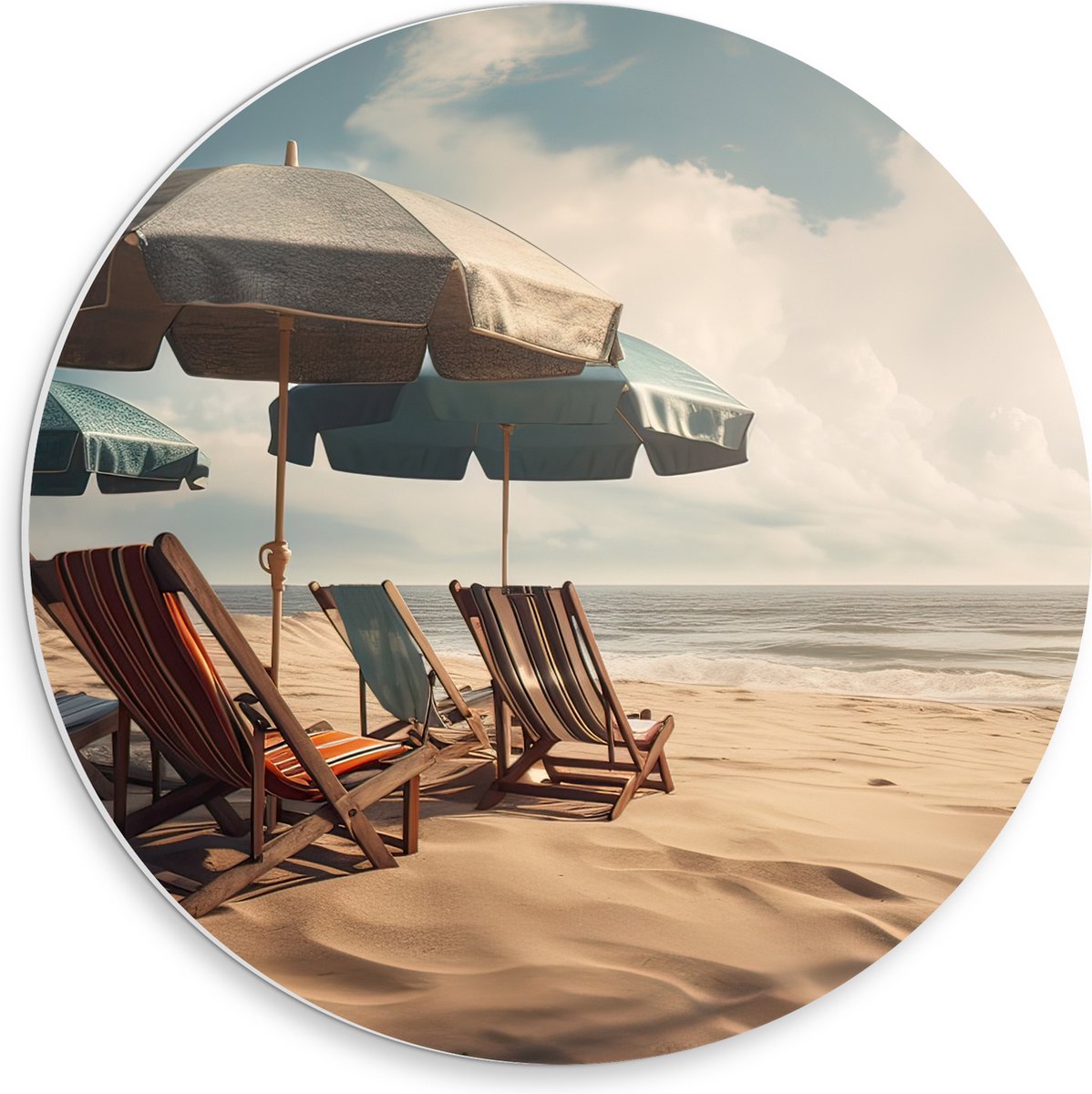 PVC Schuimplaat Muurcirkel - Strandstoelen en Parasols op het Strand op Bewolkte Dag - 30x