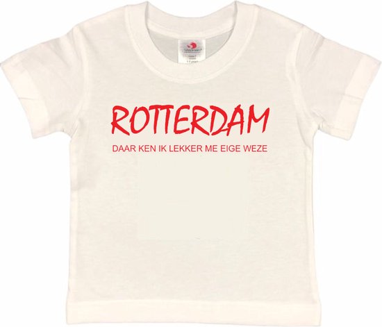 Rotterdam Kinder t-shirt | Rotterdam daar ken ik lekker me eige weze | Verjaardagkado | verjaardag kado | grappig | jarig | Rotterdam | Feyenoord | cadeau | Cadeau | Wit/rood | Maat 98/104
