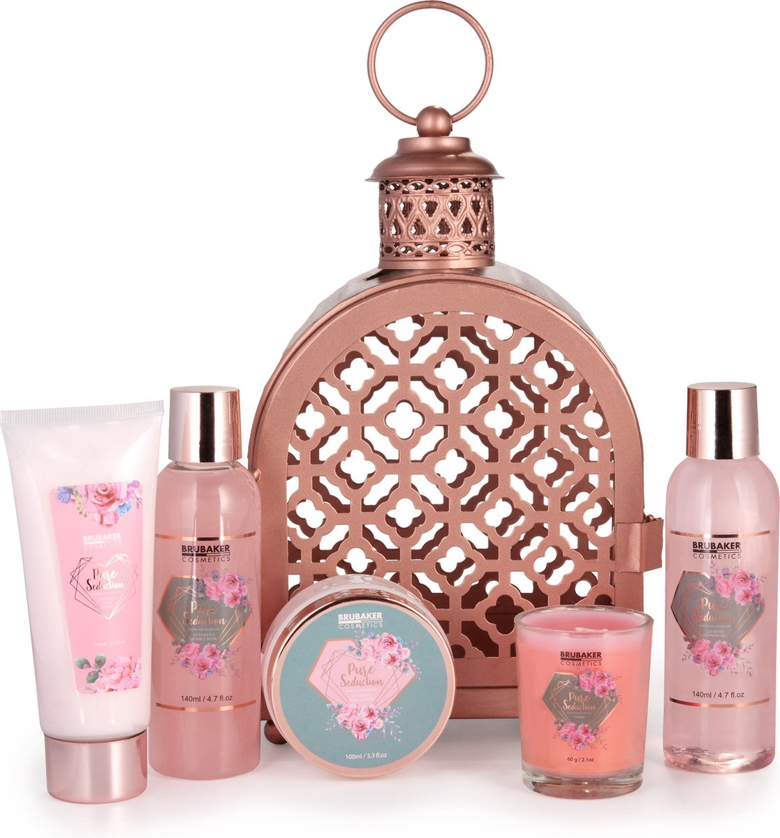 Goedkoopste BRUBAKER Cosmetics Bad- en Doucheset Rozenwater Champagne - Cadeautip Vrouw - Cadeau Idee -6-delige Geschenkset in Oosterse Lantaarn met Geparfumeerde Kaars - Rosé Goud