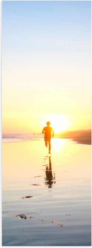 Poster Glanzend – Strand - Zonsondergang - Persoon - Zee - Voetstappen - 20x60 cm Foto op Posterpapier met Glanzende Afwerking