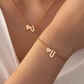 Initiaal Ketting & Armband set met Letter U Goudkleurig - Met letter & Hartje! - Naam Ketting Cadeau - Geluksketting op Kaartje - Pax Amare