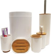 Luxe 6-delige Bamboe Toiletset - Zeepdispenser, Tandenborstelhouder, Toiletborstel, Prullenbak, Zeepbakje, Beker - Stijlvol Wit Design