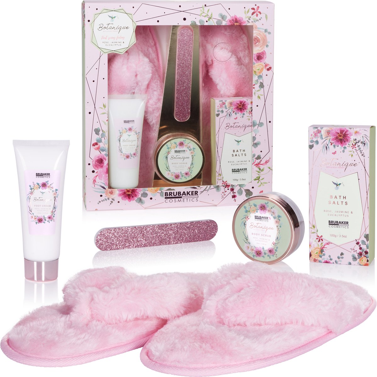 Goedkoopste BRUBAKER Cosmetics Bad- en Voetverzorgingsset Incl. 1 Paar Roze Pluche Slippers - Cadeautip Vrouw - Cadeau Idee - Met Roos, Jasmijn en Eucalyptus Extracten - Schoonheidscadeauset Vrouwen