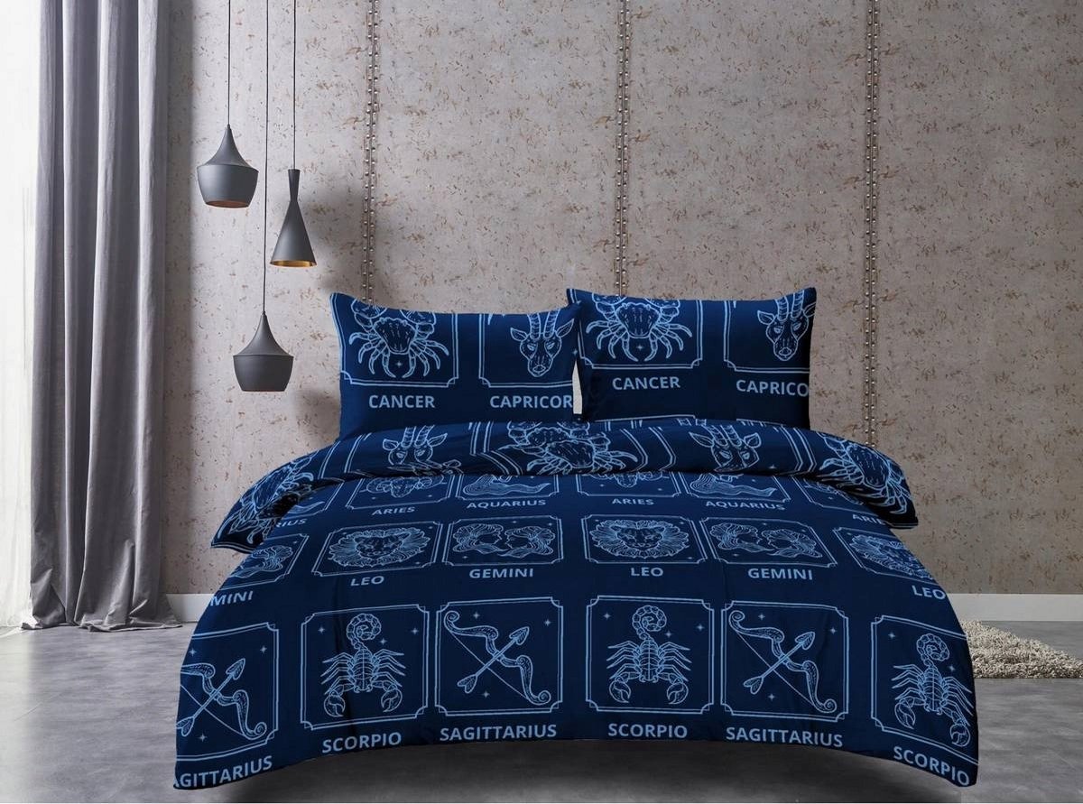 Dekbedovertrek 140x200 2 delig Katoensatijn Blauw met Horoscoop