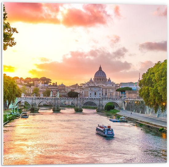 PVC Schuimplaat - Tiber Rivier naar Kathedraal in Rome - 50x50 cm Foto op PVC Schuimplaat (Met Ophangsysteem)