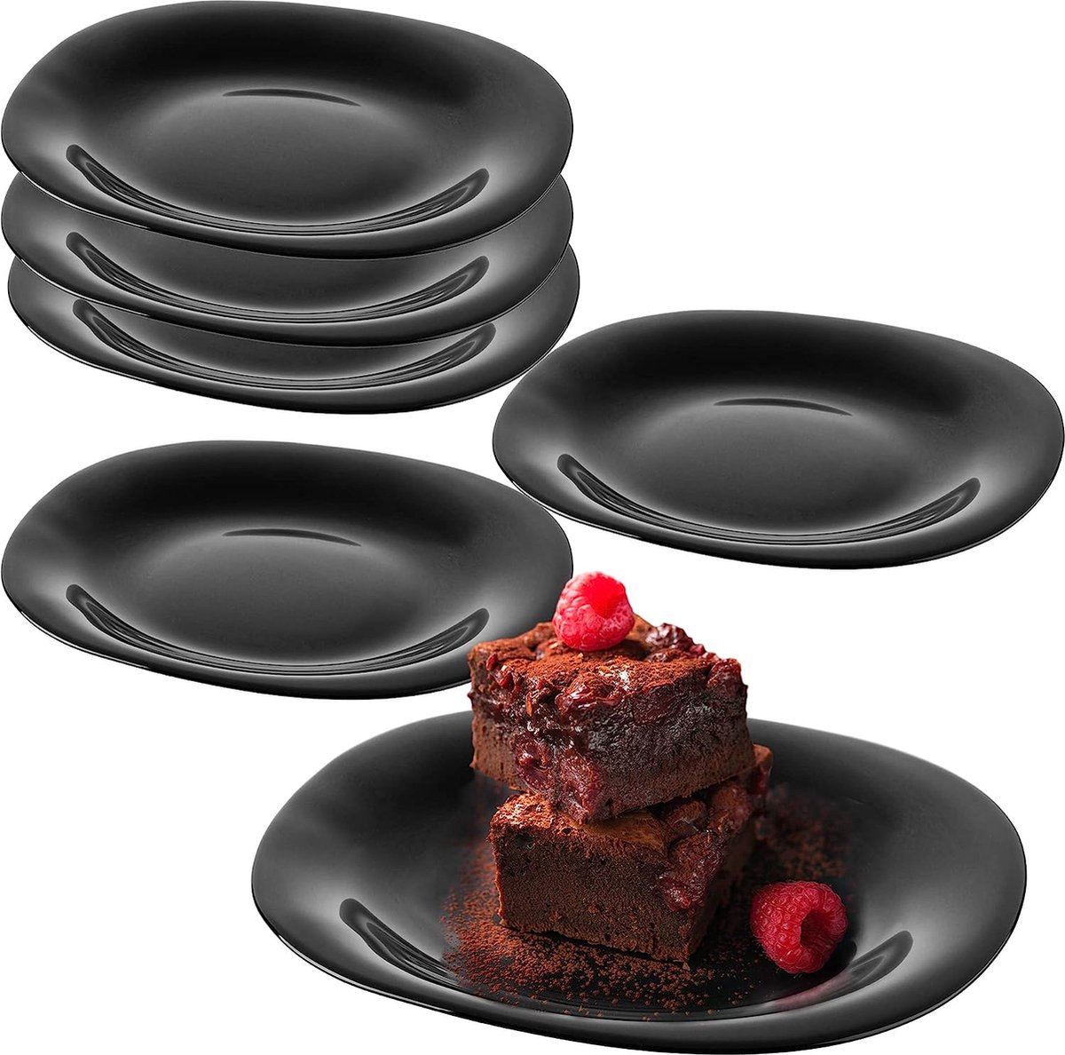 Zwarte dessertborden, vaatwasmachinebestendige bordenset, taartborden van versterkt glas, moderne ontbijtborden, platte borden voor cake (zwart/6 stuks)