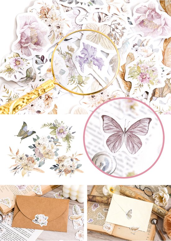 Bullet Journal Autocollants - Papillons, plumes et Fleurs - 46 pièces d'autocollants de passe-temps