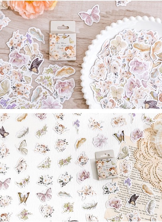 Bullet Journal Autocollants - Papillons, plumes et Fleurs - 46 pièces d'autocollants de passe-temps