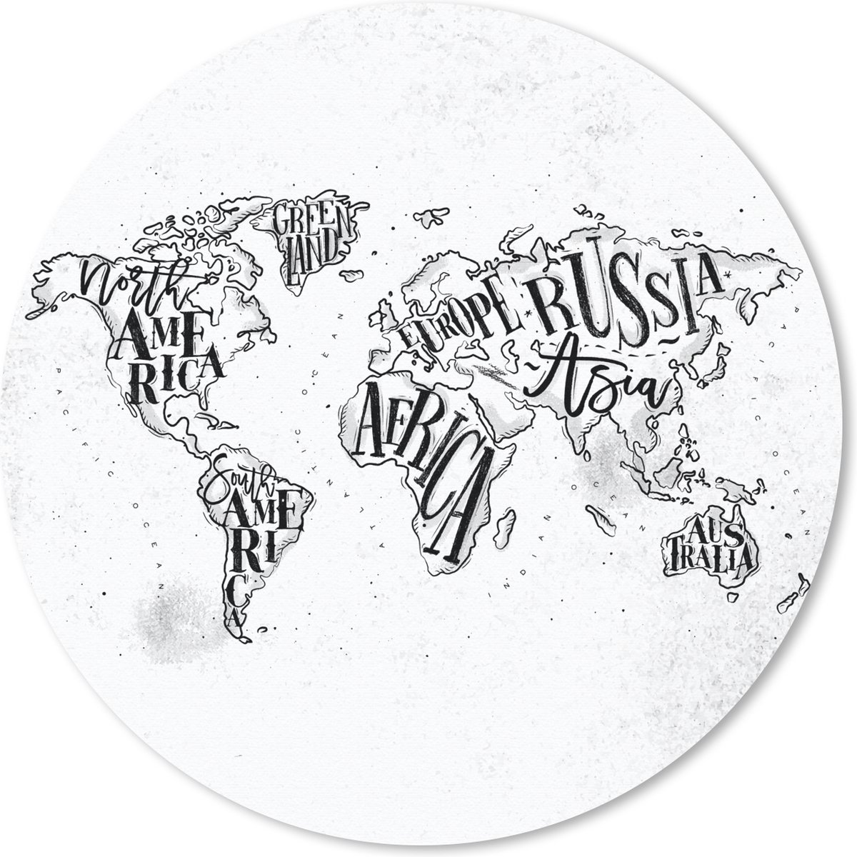 Muismat rond 40x40 cm - Mousepad Wereldkaart - Zwart - Wit - Letters - Ronde muismatten
