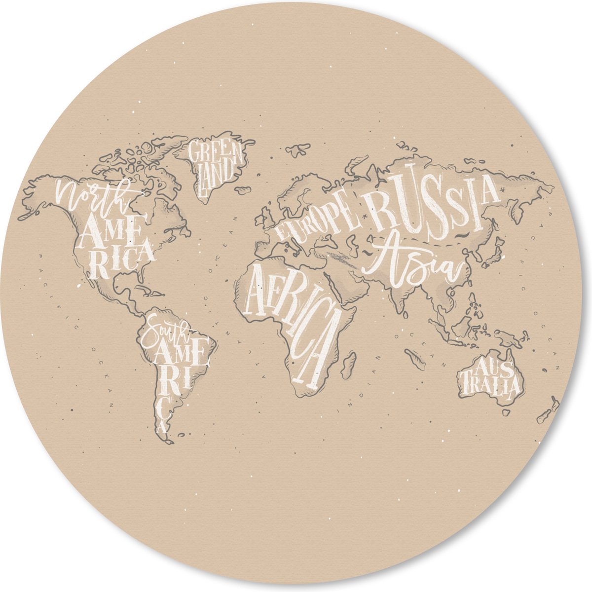 Muismat rond 50x50 cm - Mousepad Wereldkaart - Bruin - Wit - Letters - Ronde muismatten