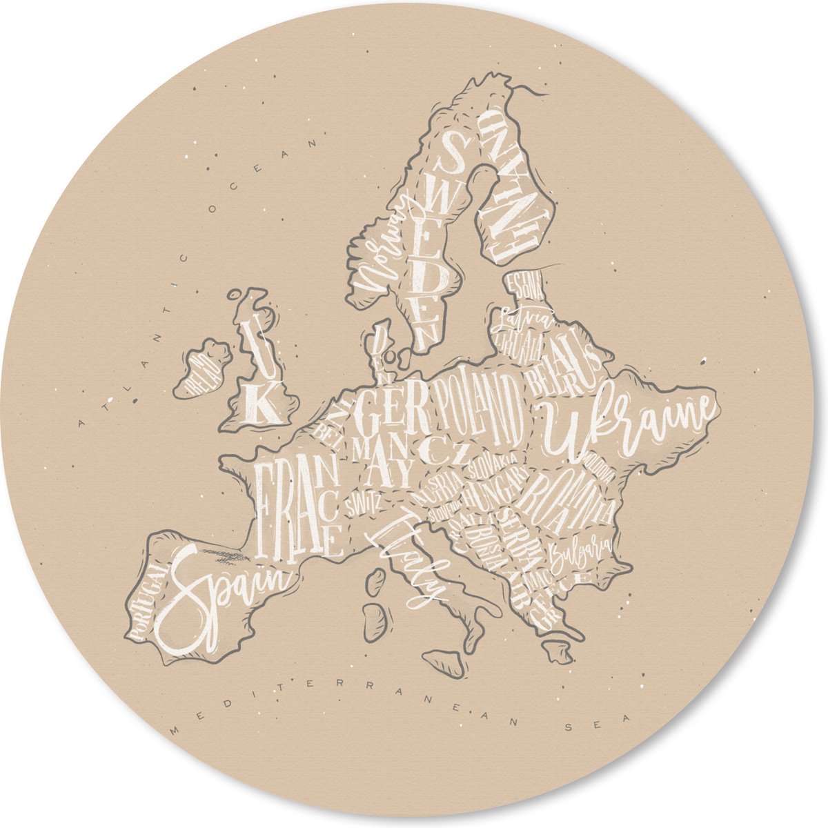 Muismat rond 50x50 cm - Mousepad Kaart - Europa - Wit - Bruin - Ronde muismatten