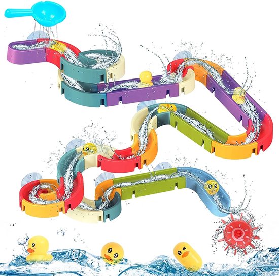 Kiddel XL Waterbaan & Glijbaan Badset – 66-delige DIY Waterbaan met Eendjes – Knikkerbaan Montessori Badspeelgoed voor Kinderen vanaf 3 Jaar