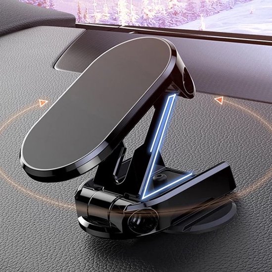 Zwarte, inklapbare magnetische telefoonhouder op een dashboard, met blauwe verlichtingselementen.