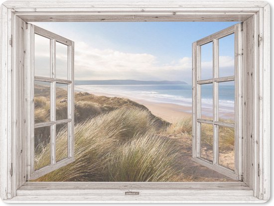 Foto: Muismat mousepad doorkijk strand zee duinen helmgras zand blauw 23x19 cm muismatten