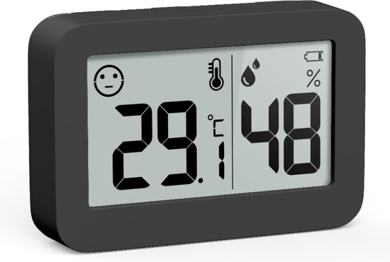 YUCONN Hygrometer - Weerstation - Thermometer Binnen - Digitaal Thermometer En Luchtvochtigheidsmeter - Inclusief Batterij en Plakstrip - Zwart