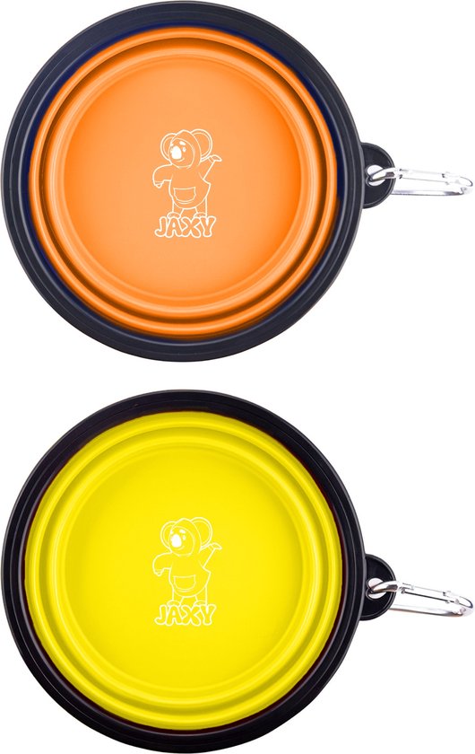 Bovenaf gezien: een oranje en een gele opvouwbare voerbak met JAXY logo en een afbeelding van een koala.