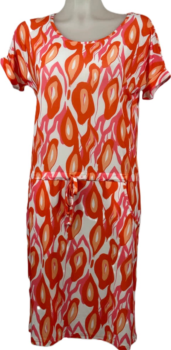Angelle Milan – Travelkleding voor dames – Rood/Oranje/Witte Strik Jurk – Ademend – Kreukherstellend – Duurzame jurk - In 4 maten - Maat XL