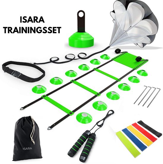 Foto: Isara voetbal trainingsmateriaal set nieuw 2024 groen voetbal hockey spullen training artikelen pionnen loopladder speedladder agility resistance band weerstand parachute sprint springtouw volwassenen kinderen 5 onderdelen