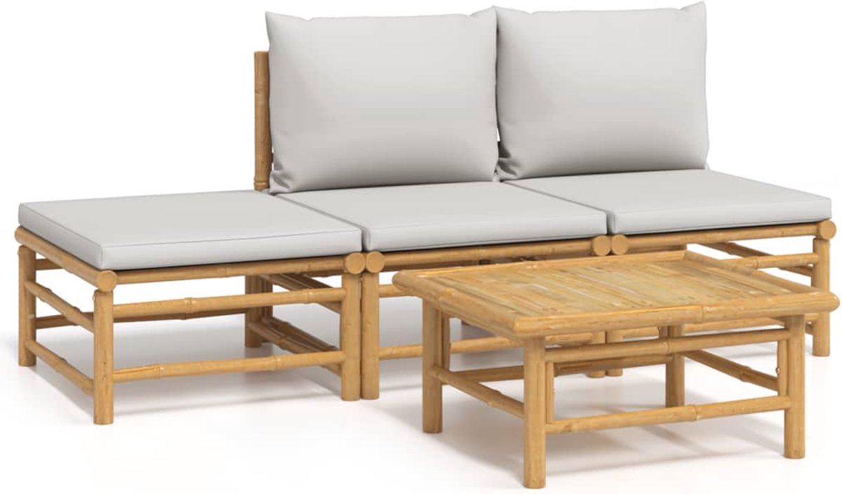 vidaXL 4-delige - Loungeset - met - kussens - bamboe - lichtgrijs
