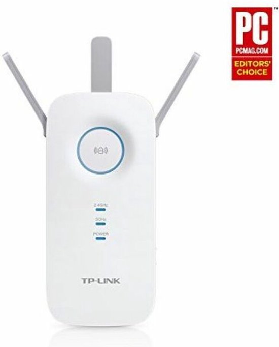 Witte TP-Link WiFi Range Extender met twee antennes en indicatielampjes. PCMAG.COM EDITORS' CHOICE logo.