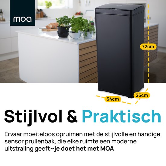 Prullenbak à Capteur MOA - 50 litres - Acier Inoxydable & ABS Durable - Fermeture Amortie - Antidérapant - Mode Fermeture Temporisée - Zwart - SB02B