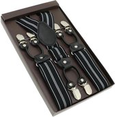 Luxe chique – heren bretels – zwart gestreept met wit en grijs design – met zwart leer– 6 extra stevige clips