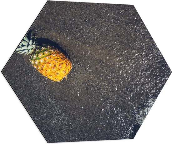 Dibond Hexagon - Ananas op het Strand met Zee - 70x60.9 cm Foto op Hexagon (Met Ophangsysteem)