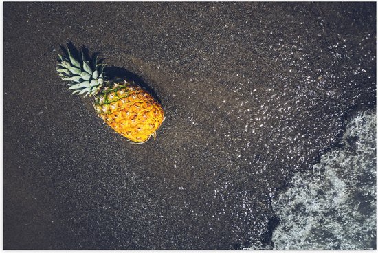 Poster (Mat) - Ananas op het Strand met Zee - 150x100 cm Foto op Posterpapier met een Matte look