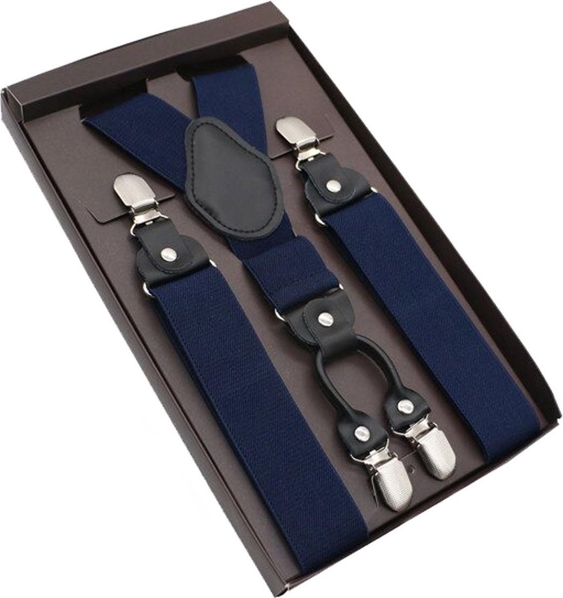 Luxe chique - heren bretels - donkerblauw effen - zwart leer - 4 stevige clips -